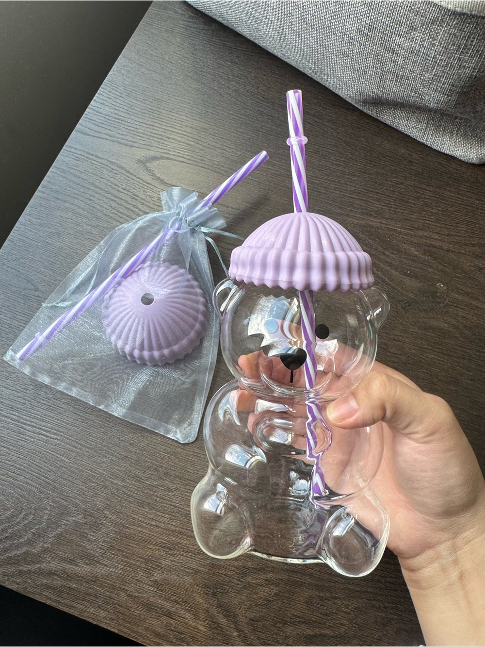 Spring Glass Bear Cup - Bearista in Lilac Color. hat and straw included